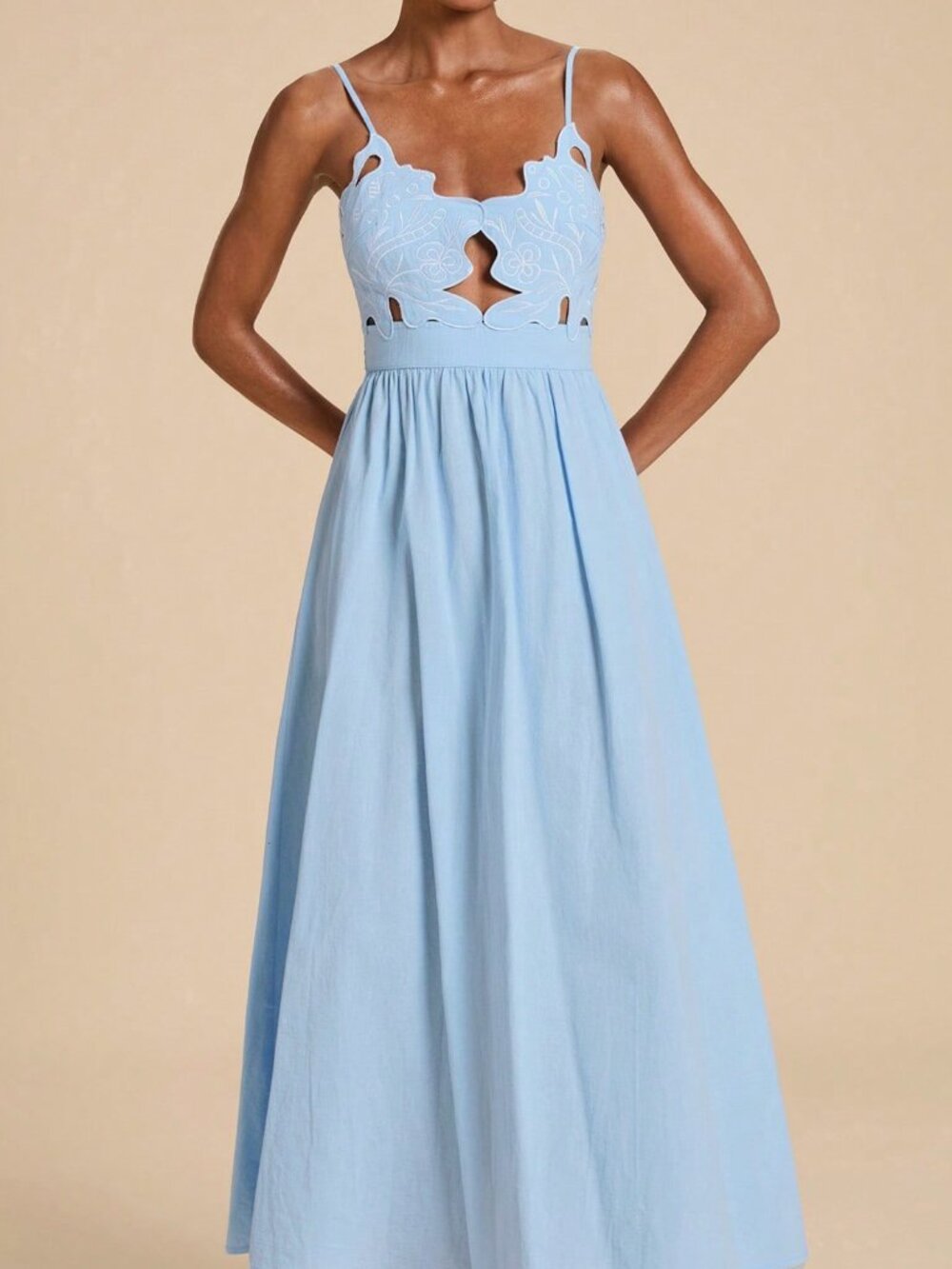 Baby Blue Casual Women's Embroidered Tie-Back Spaghetti Strap Long Dress - Picture 4 of 5